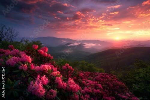 Majestic Sunset Over Mountain Range With Pink Flowers
