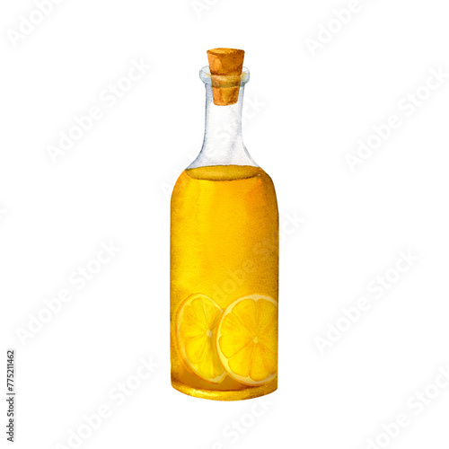 A bottle of aromatic olive oil with spices and lemon, watercolor hand painted, isolated on white background. For prints on textile and paper