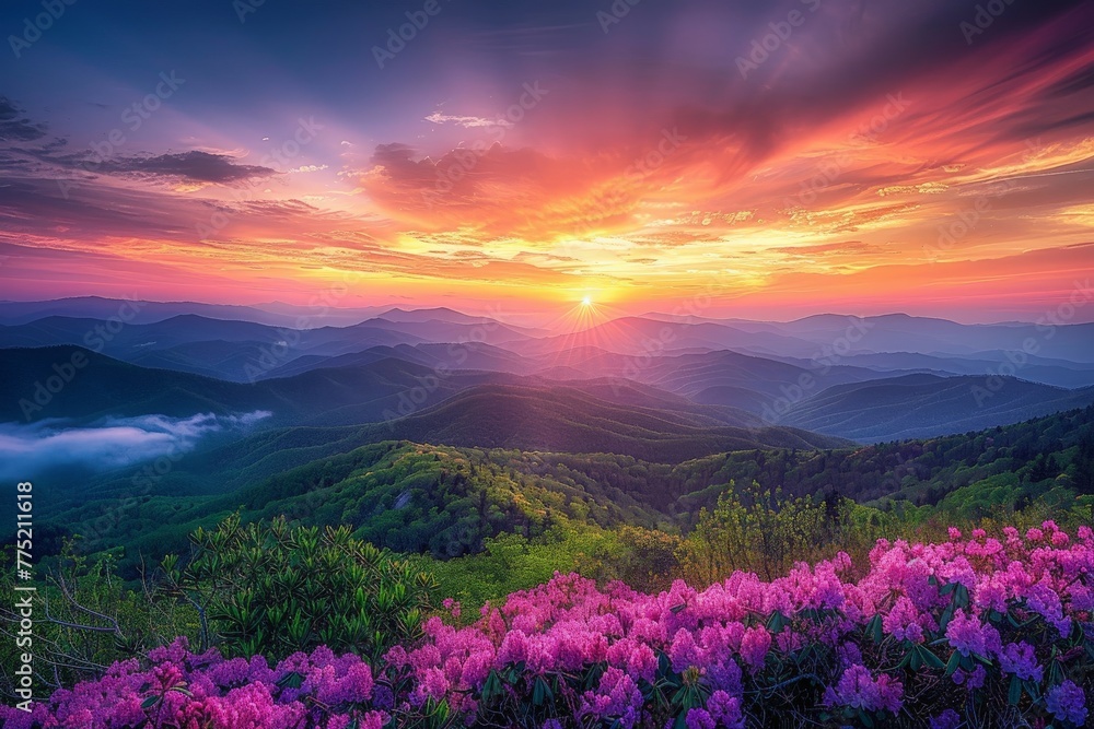Majestic Sunset Over Mountains With Flowers Majestic Sunset Over Mountains With Flowers