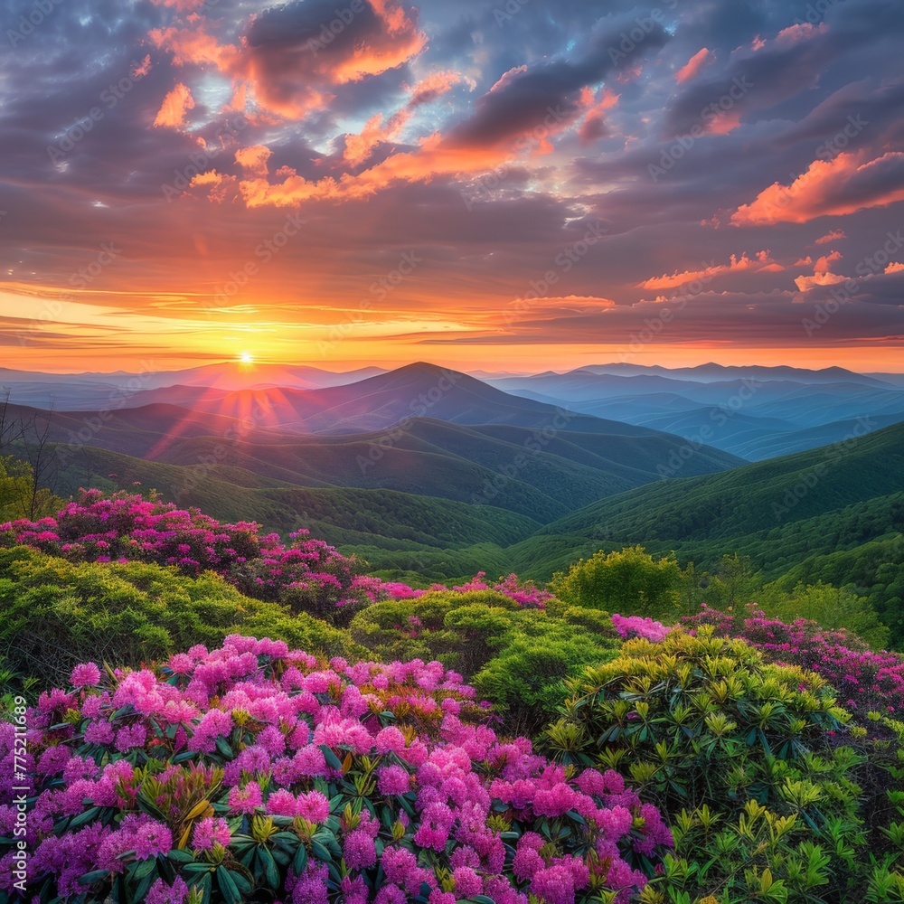 Sun Setting Over Mountains and Flowers Sun Setting Over Mountains and Flowers