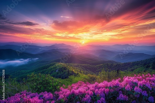 Majestic Sunset Over Mountains With Flowers