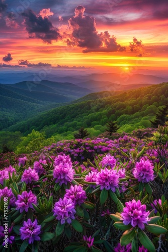 Majestic Sunset Over Mountains With Pink Flowers