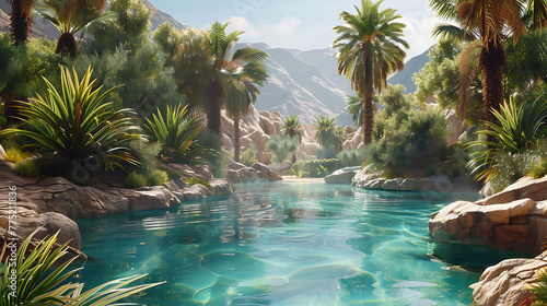 A tranquil oasis in the heart of the desert, where lush palms sway beside an emerald-green oasis pool