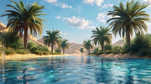 A tranquil oasis in the heart of a desert  with palms swaying in the breeze