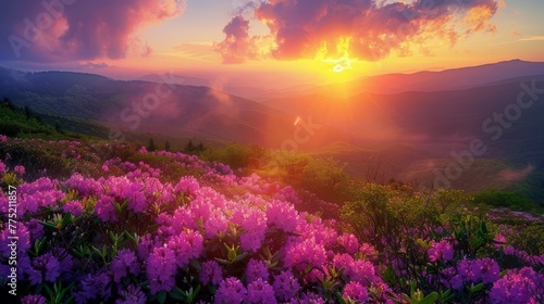 Sun Setting Over Mountains and Flowers