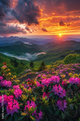 Majestic Sunset Over Mountains With Pink Flowers © BrandwayArt