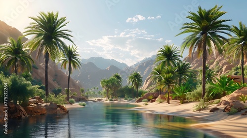 A tranquil oasis in the heart of a desert, with palms swaying in the breeze