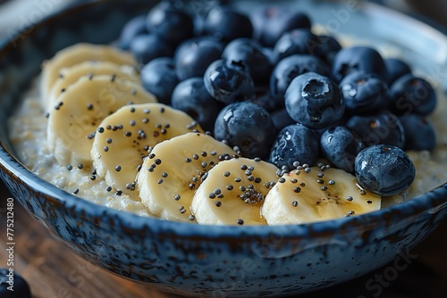 Ponyo's journal breakfast bowl with banana, blueberries and honey photo