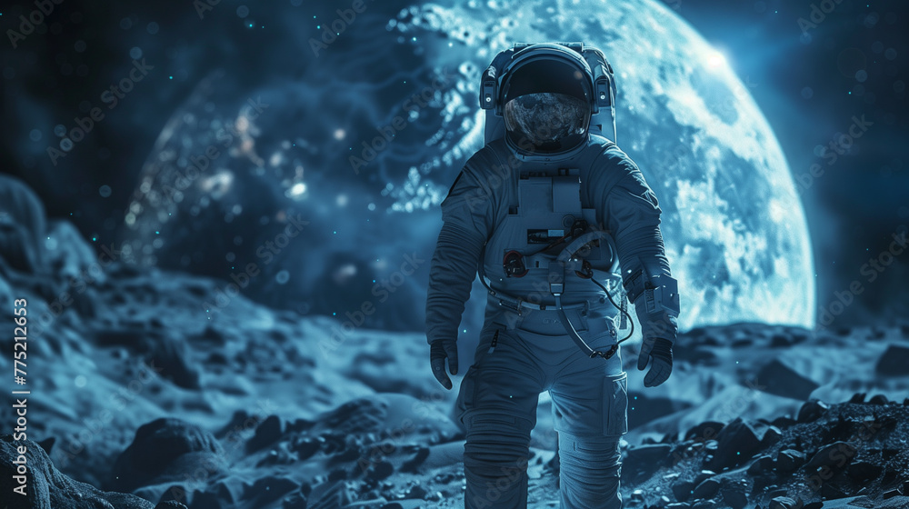 Lunar Solitude. An astronaut stands on the desolate lunar surface, gazing at Earth against the backdrop of the cosmos Lunar Solitude. An astronaut stands on the desolate lunar surface, gazing at Earth against the backdrop of the cosmos