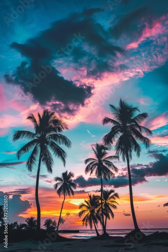 Palm Trees Silhouetted Against Colorful Sunset © BrandwayArt