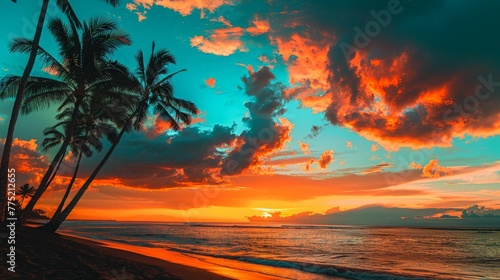 Sunset on a Tropical Beach With Palm Trees © BrandwayArt