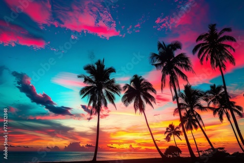 Sunset With Palm Trees and Ocean