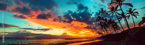 Beautiful Sunset on Tropical Beach With Palm Trees © BrandwayArt