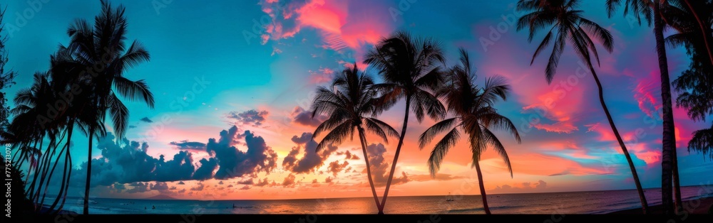 Majestic Sunset With Palm Trees and Ocean