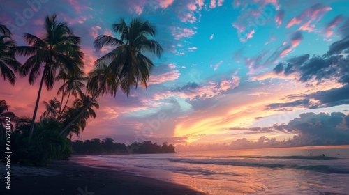 Beautiful Sunset at Tropical Beach With Palm Trees © BrandwayArt