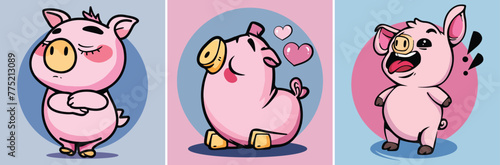Funny pink pigs cartoon characters vector illustration in pastel colors
