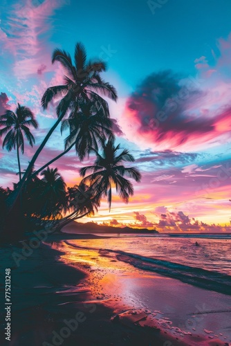 Stunning Sunset on Tropical Beach With Palm Trees