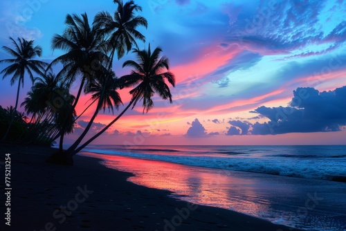 Sunset on Tropical Beach With Palm Trees