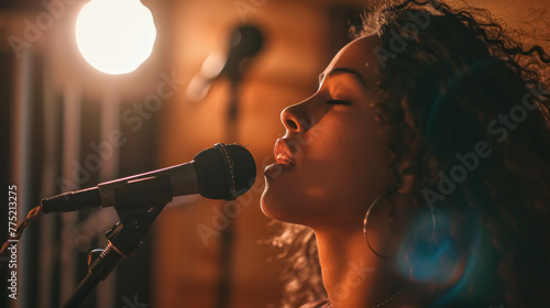 Young Black Woman Singing In A Recording Studio