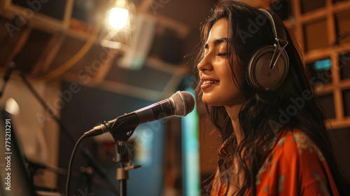 Young Arab Woman Singing In A Recording Studio