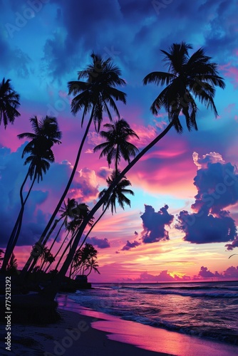 Majestic Sunset With Palm Trees on the Beach