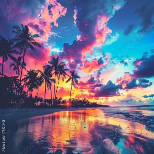 Stunning Sunset at Tropical Beach With Palm Trees © BrandwayArt