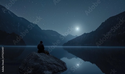 Man Standing Under night sky and stars shine in backgrounds.