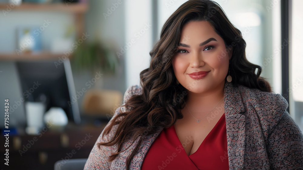 Happy, attractive, mature, plus-sized businesswoman in office environment Happy, attractive, mature, plus-sized businesswoman in office environment