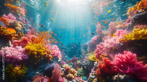 A vibrant coral reef teeming with life beneath the surface of the crystal-clear ocean