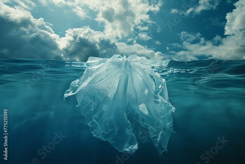 Plastic bag floating amidst the waves of the ocean under a cloudy sky