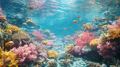A vibrant coral reef teeming with life beneath the surface of the crystal-clear ocean © Be Naturally