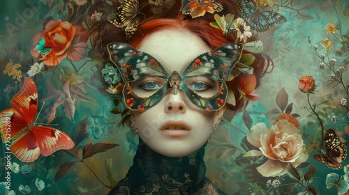 An artistic representation of beauty and nature's masquerade, featuring a red-headed woman with a giant butterfly mask in a dreamy garden.