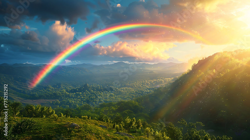 A vibrant rainbow arching over a lush green landscape © MuhammadInaam