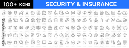 Insurance and security 100+ web icons set. Judgment, secure, protection, evaluation, Healthcare medical, life, car, home, travel insurance, safe, wounded, drown, repair icons. Vector illustration.