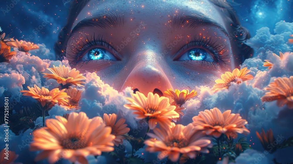 A blooming garden in the clouds where the flowers open to reveal eyes watching the starry sky, solid color background, 4k, ultra hd - obrazy, fototapety, plakaty 
