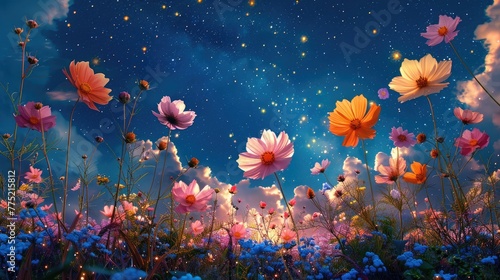 A blooming garden in the clouds where the flowers open to reveal eyes watching the starry sky  solid color background  4k  ultra hd
