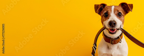 Cute Dog Jack Russell terrier holding pet leash in mouth ready to go for walk on color yellow background with copy space. Long banner. Traveling with pets concept, pets love, animal life, humor.