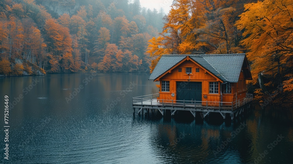 Obraz premium A hydroelectric power plant amidst the fall forests, solid color background, 4k, ultra hd