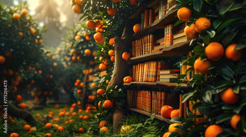Obraz premium A library where books grow on trees instead of fruit, their pages rustling like leaves in the wind, solid color background, 4k, ultra hd