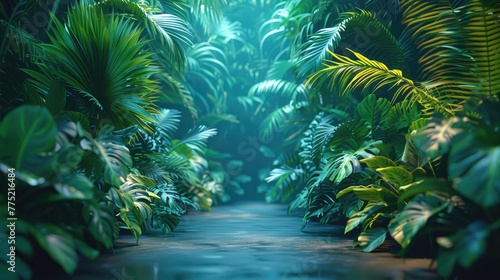 A jungle simulated catwalk for tropical merchandise, solid color background, 4k, ultra hd © Gefo
