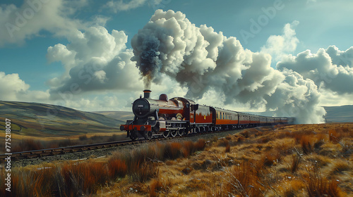 A vintage steam train chugging through a picturesque countryside, billowing clouds of steam against a backdrop of rolling hills