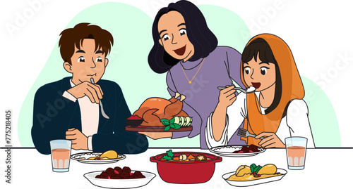 Set of friends and colleagues sitting at dining table and eating food together. People meeting at breakfast, lunch or dinner, festive dinner