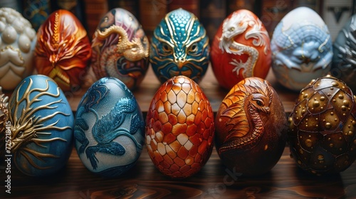 Easter eggs with images of mythical creatures, solid color background, 4k, ultra hd