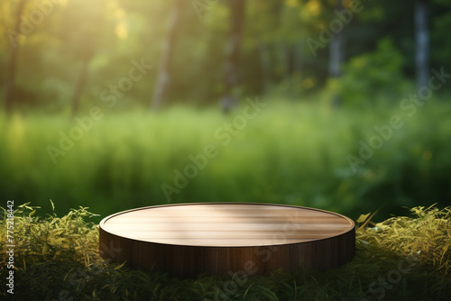 An empty round wooden podium set amidst a lush grass nature environment and modern background a product display background or wallpaper concept with backlighting  © pangamedia