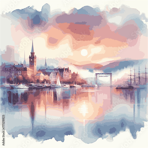 Norway skyline with watercolor with painting vector 