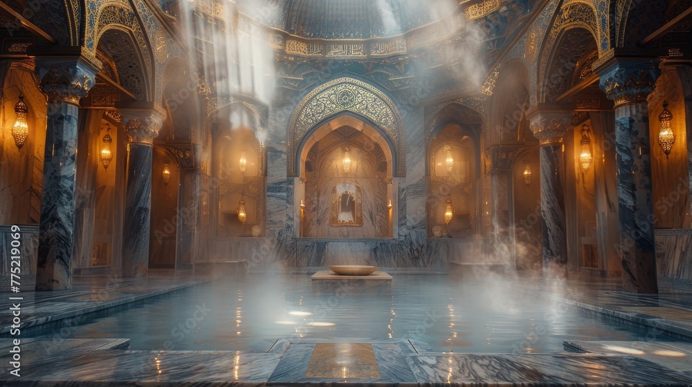 Exquisite turkish hammam interior  marble surfaces, atmospheric dome ceiling, lighting mastery - obrazy, fototapety, plakaty 