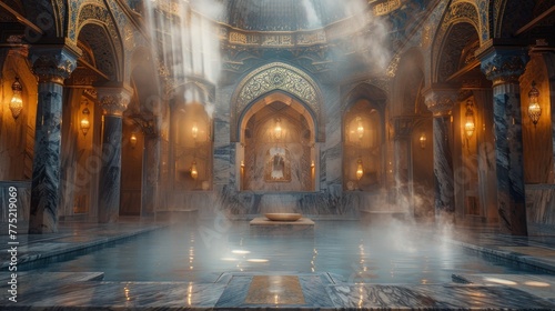 Exquisite turkish hammam interior marble surfaces, atmospheric dome ceiling, lighting mastery