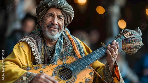 Vibrant close up of moroccan gnawa musician in traditional attire playing qraqeb in marrakech medina