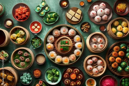 Vibrant Table Setting of Assorted Dim Sum Dishes