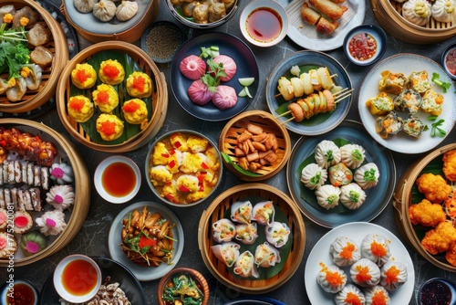 Colorful Array of Dim Sum in Traditional Bamboo Steamers